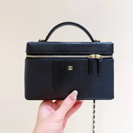 CHANEL 26S MINI BOX BAG 14 IN BLACK CALFSKIN LIZARD EMBOSSED