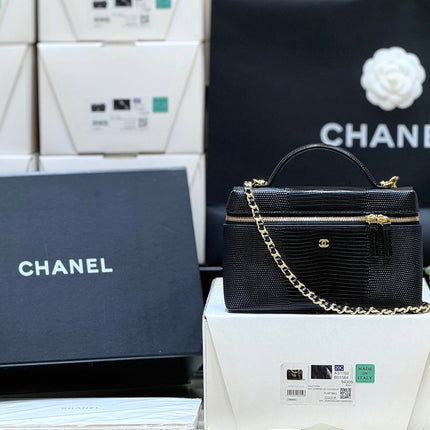 CHANEL 26S MINI BOX BAG 14 IN BLACK CALFSKIN LIZARD EMBOSSED