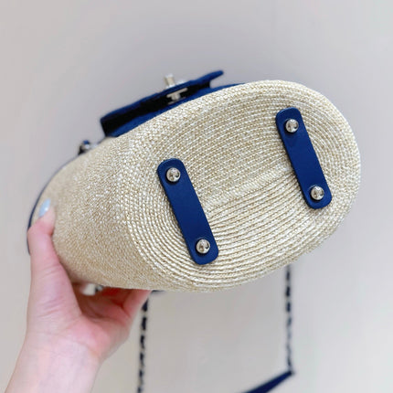 CHANEL 26S TOTE BAG 18 IN BEIGE FABRIC AND BLUE CALFSKIN