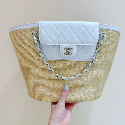 CHANEL 26S TOTE BAG 18 IN BEIGE FABRIC AND WHITE CALFSKIN