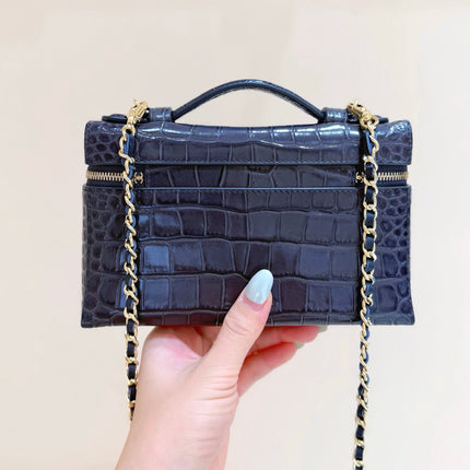 CHANEL 26S MINI BOX BAG 14 IN BLACK CALFSKIN CROCODILE EMBOSSED