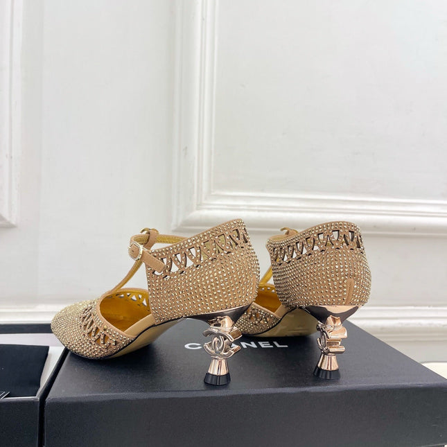 CHANEL 26S HIGH HEELS 65 MM IN GOLD WITH CRYSTAL EMBELLISHMENTS
