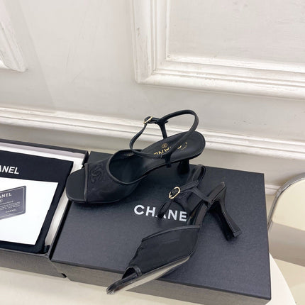 CHANEL 26S HIGH HEEL SLINGBACK SANDALS 70 MM IN BLACK MESH
