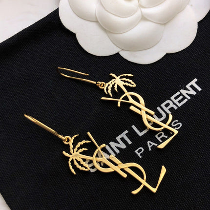 YSL 26S PALM TREE LOGO DROP EARRINGS IN GOLD TONE METAL 619168