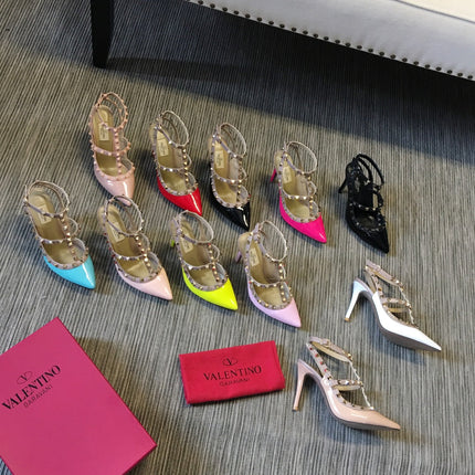 ROCKSTUD CAGED HIGH PUMP IN BLACK MIX LIGHT PINK PATENT CALFSKIN 100 MM