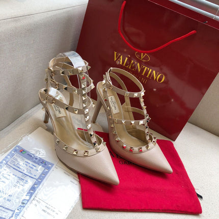 ROCKSTUD PALE PINK METALLIC CALFSKIN ANKLE STRAP HIGH SANDAL