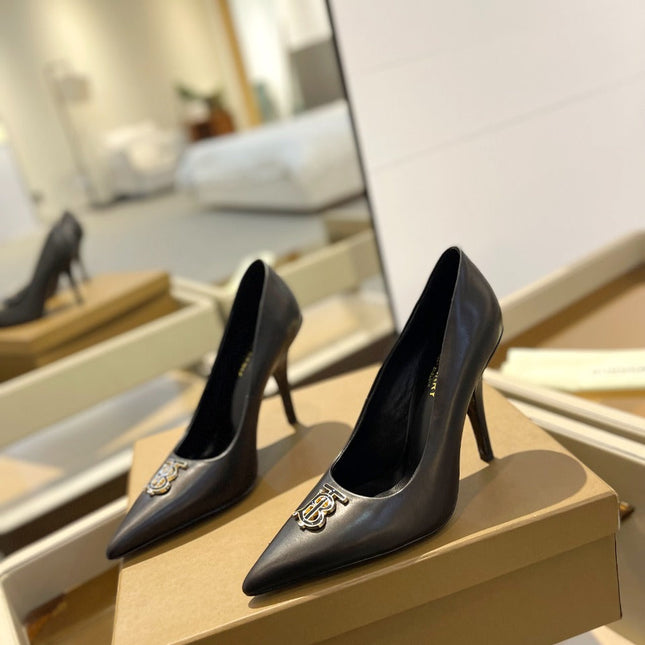 BURBERRY 26S HIGH HEELS 105 MM IN BLACK CALFSKIN WITH LOGO